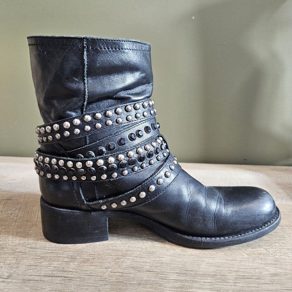 Women's Italian Leather Studded Moto Boots Black Buckle Ankle Booties Size 38 - Picture 5 of 12